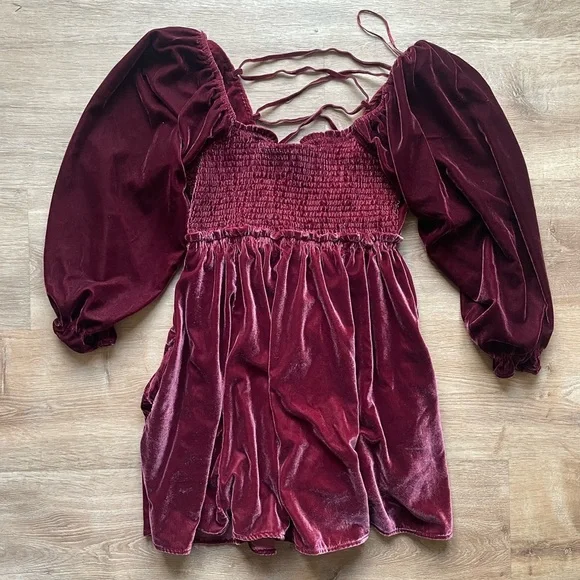 Free People Velvet Mini Dress Burgundy Puff Sleeve Lace Up Back S cottage boho - Picture 3 of 8